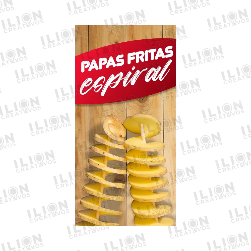 Pendón Publicitario Colgante para la venta de Papas Fritas en espiral